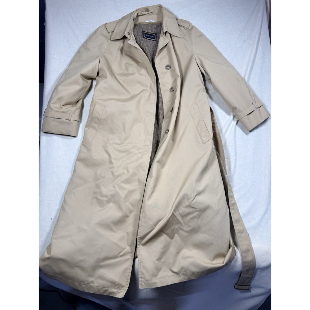 Vintage Gleneagles Womens Trench Coat Size 14 Wool Lined Belted Tan Plaid